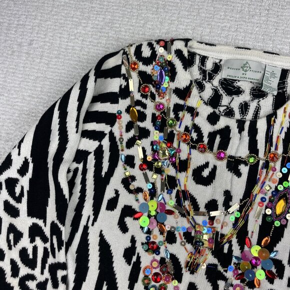 Design Options By Philip & Jane Gordon Zebra Print Jewel Sweater Cardigan Size M - Picture 3 of 16